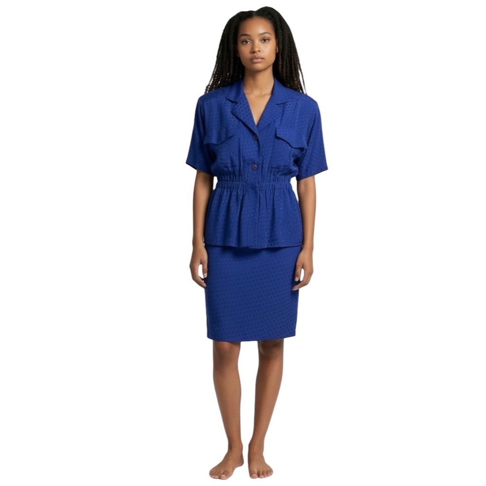 Vintage J.G. Hook Royal Blue 100% Silk Polka Dot Jacquard Peplum Dress Size 8